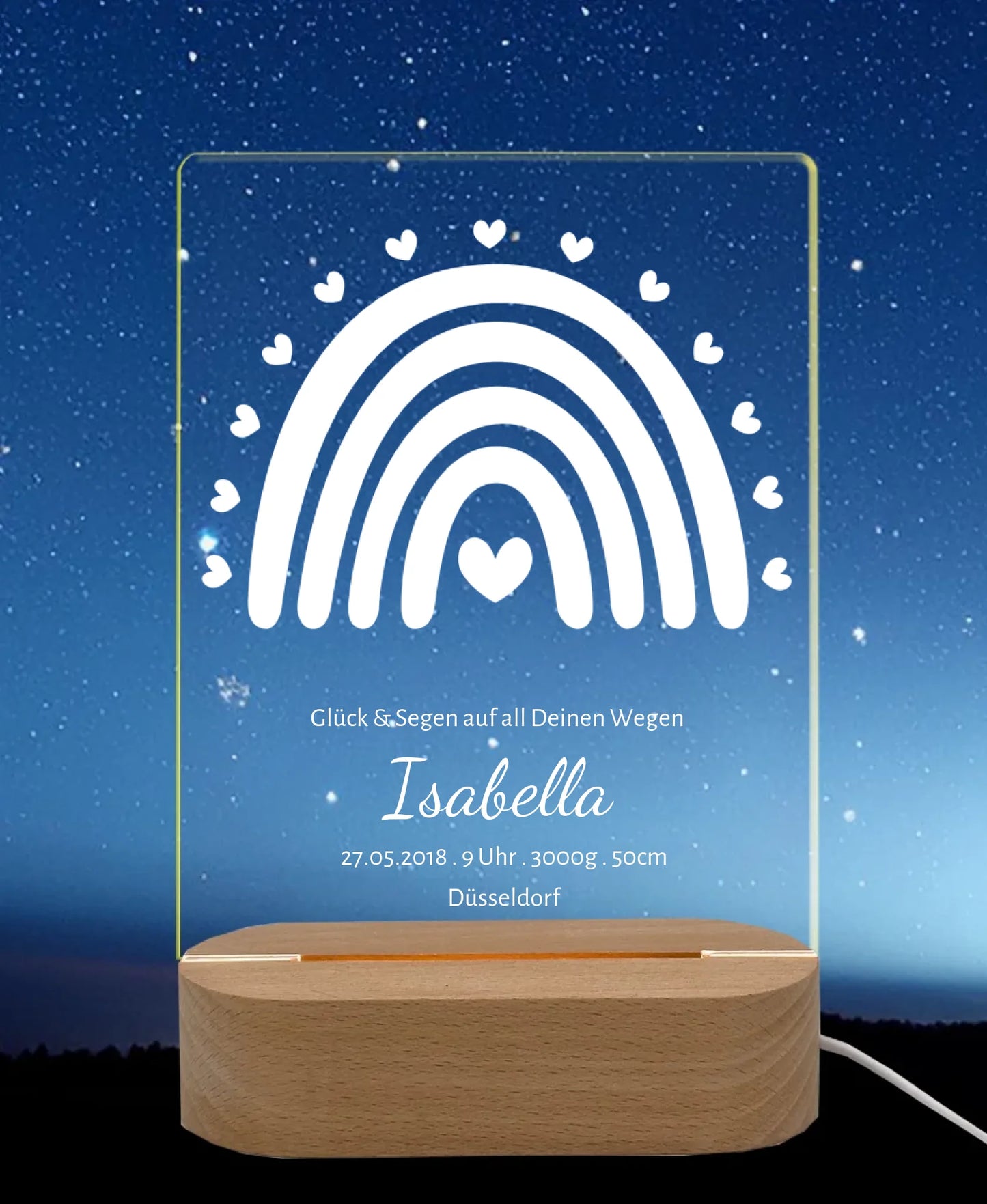 Nachtlicht zur Geburt oder Taufe mit Namen und Geburtsdaten / Taufdaten und Regenbogen personalisiert.