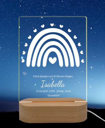 Nachtlicht zur Geburt oder Taufe mit Namen und Geburtsdaten / Taufdaten und Regenbogen personalisiert.
