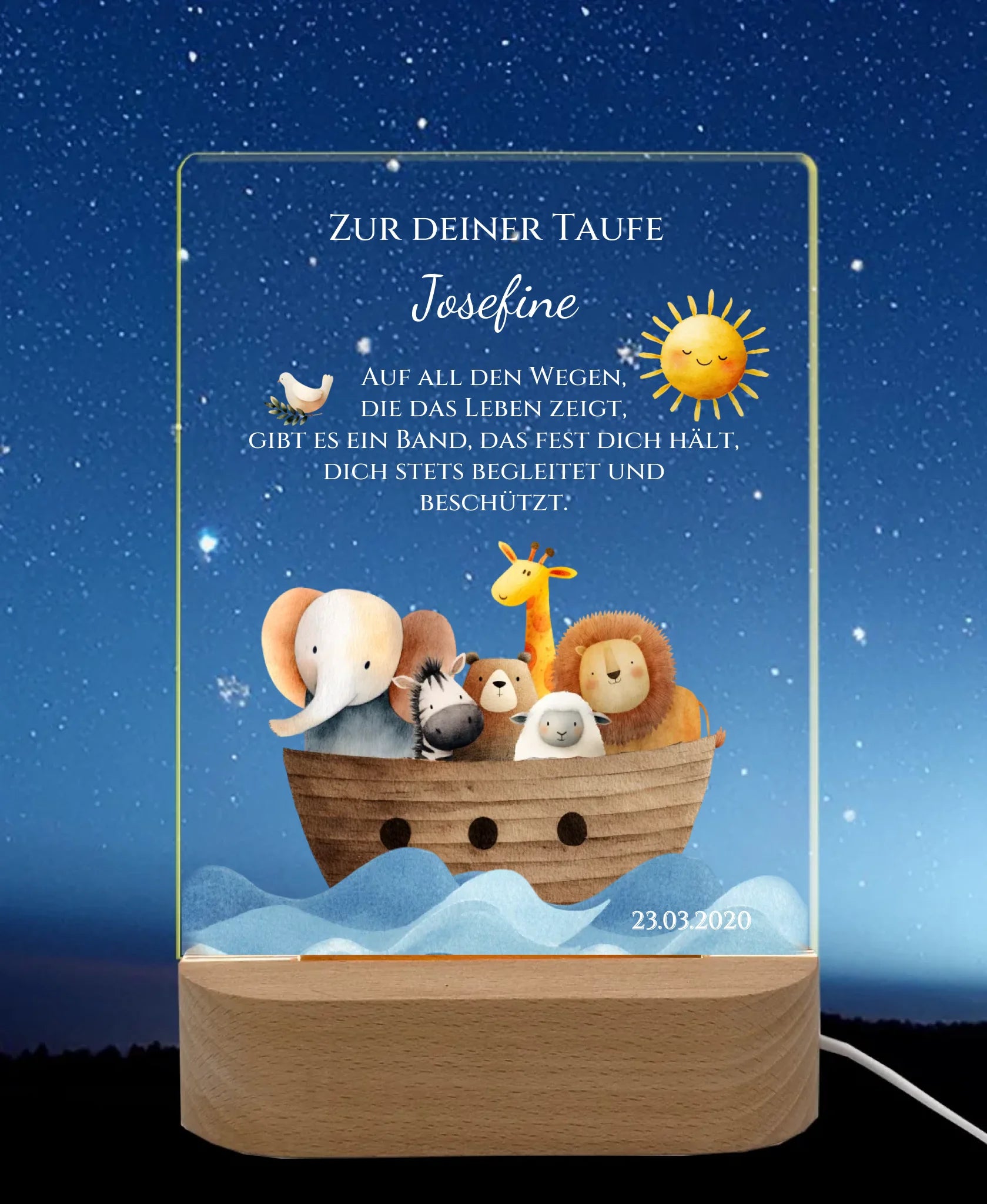Arche Noah Taufgeschenk mit Namen und Spruch, Archetieren, Sonnen und Taube als Nachtlicht für Baby, Kinder. Perfekt als Geschenk zur Geburt und Taufe.