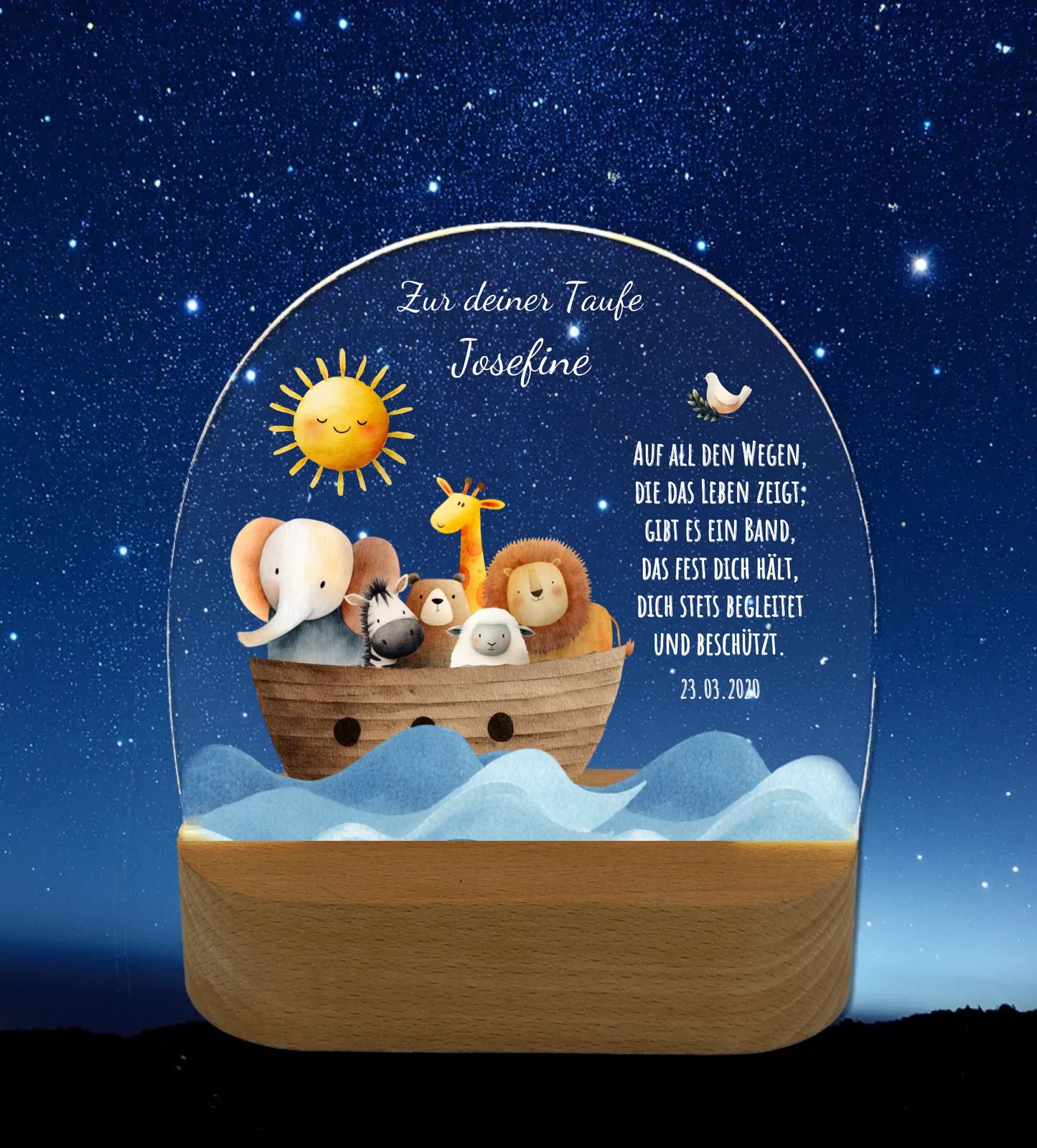 Arche Noah Taufgeschenk mit Namen und Spruch, Archetieren, Sonnen und Taube als Nachtlicht für Baby, Kinder. Perfekt als Geschenk zur Geburt und Taufe.