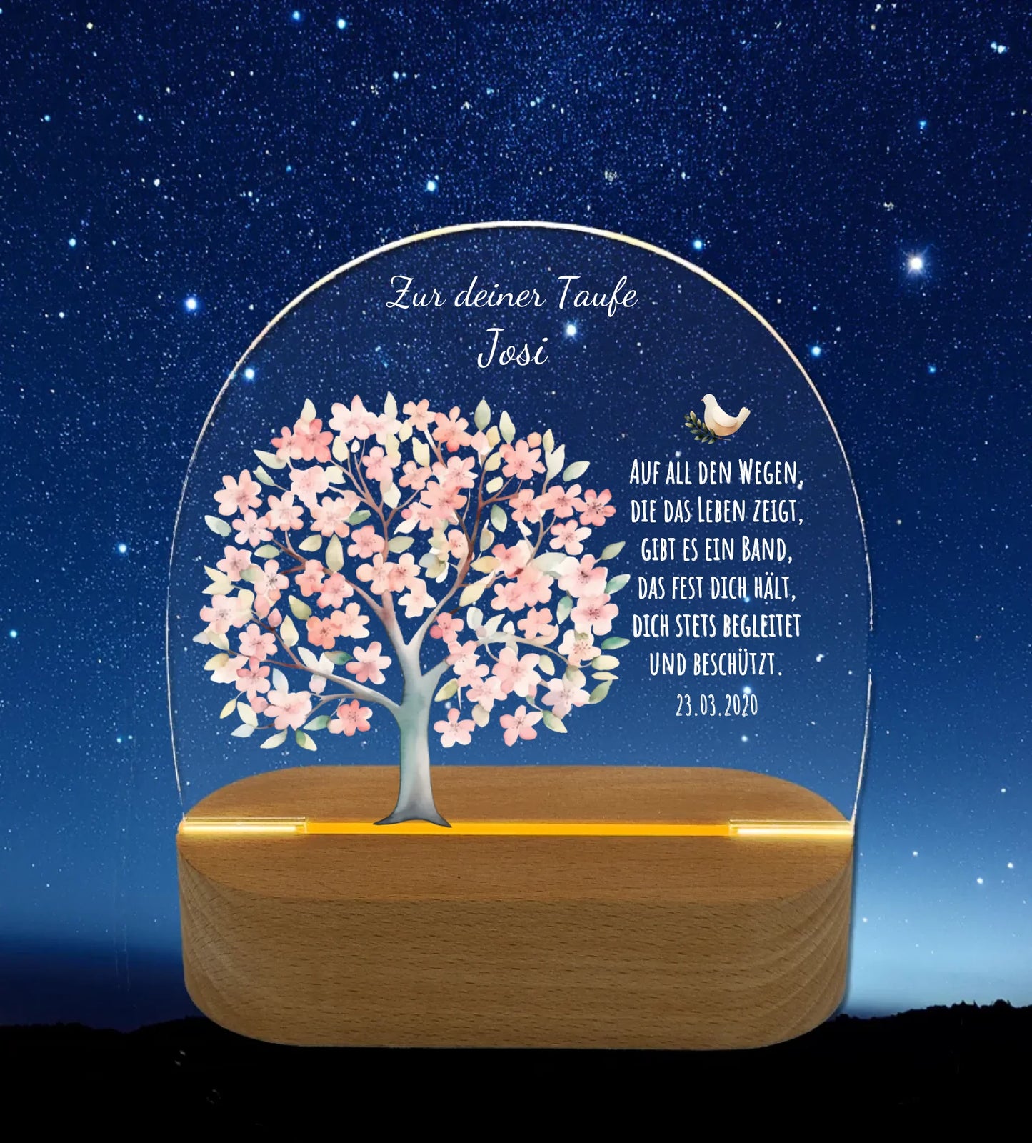 Taufgeschenk und Geburtsgeschenk - Personalisiertes Nachtlicht mit Lebensbaum und Taube, Namen und Taufdatum.