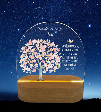 Taufgeschenk und Geburtsgeschenk - Personalisiertes Nachtlicht mit Lebensbaum und Taube, Namen und Taufdatum.
