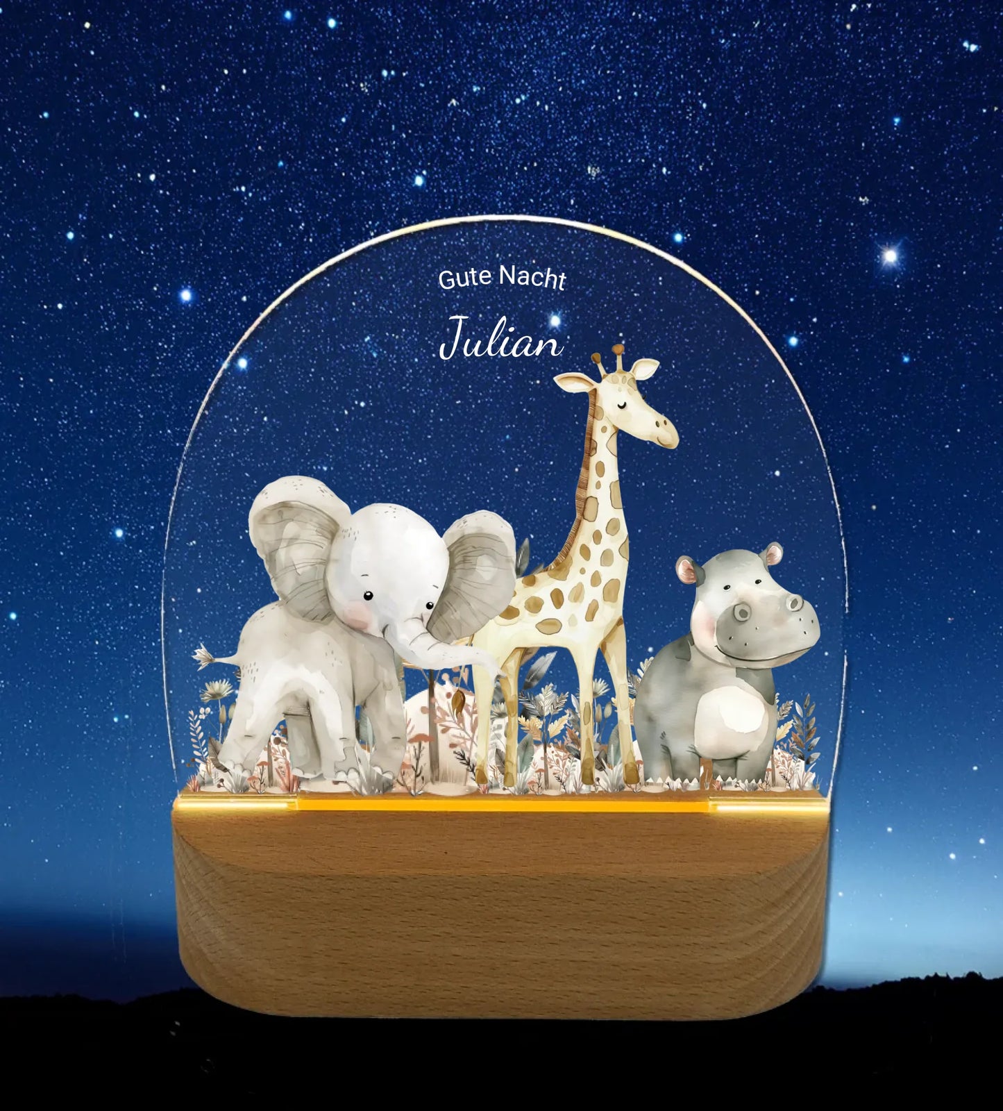 "Gute Nacht" Personalisiertes Baby & Kinder LED Nachtlicht Safari Tiere mit Namen / Text Geburtsgeschenk & Taufgeschenk LED-Nachtlicht für Babys & Kinder Transparent