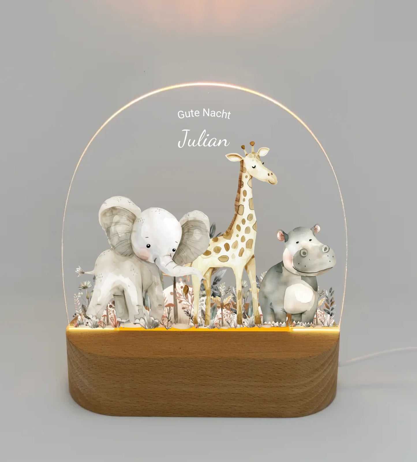 "Gute Nacht" Personalisiertes Baby & Kinder LED Nachtlicht Safari Tiere mit Namen / Text Geburtsgeschenk & Taufgeschenk