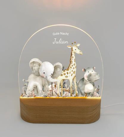 "Gute Nacht" Personalisiertes Baby & Kinder LED Nachtlicht Safari Tiere mit Namen / Text Geburtsgeschenk & Taufgeschenk