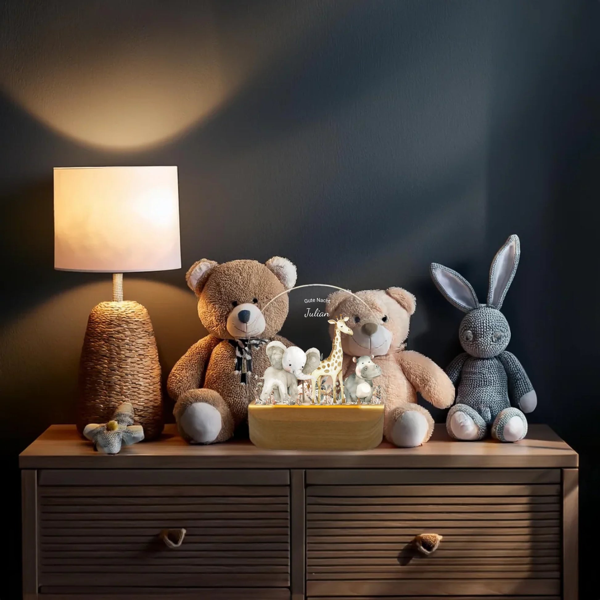 "Gute Nacht" Personalisiertes Baby & Kinder LED Nachtlicht Safari Tiere mit Namen / Text Geburtsgeschenk & Taufgeschenk