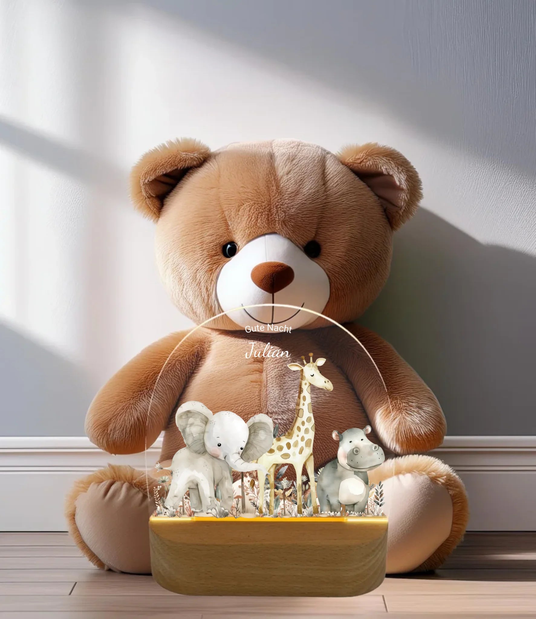 "Gute Nacht" Personalisiertes Baby & Kinder LED Nachtlicht Safari Tiere mit Namen / Text Geburtsgeschenk & Taufgeschenk