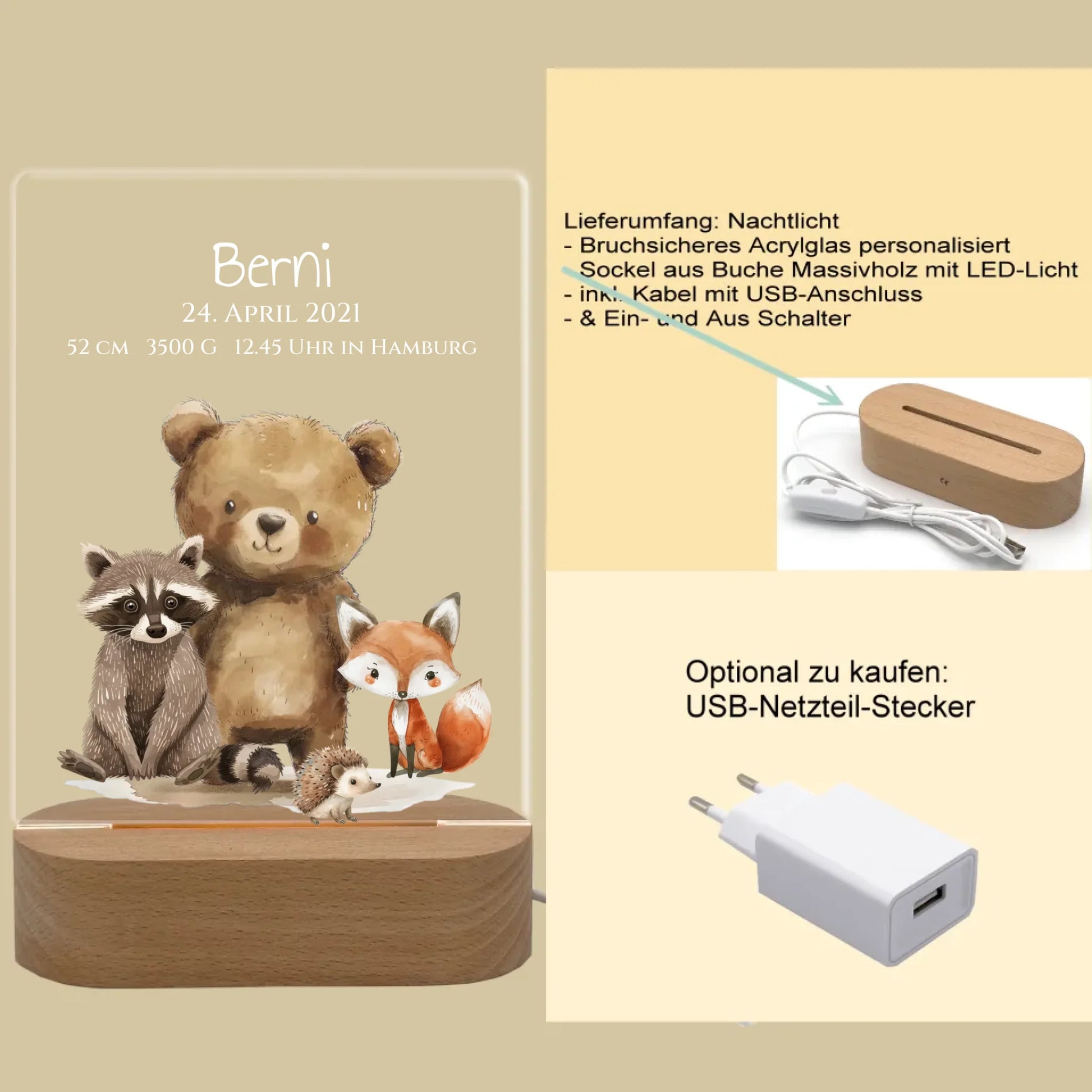 Personalisiertes LED Nachtlicht Waldtiere für Babys zur Gebut & Taufe - Kinderzimmer Deko 3