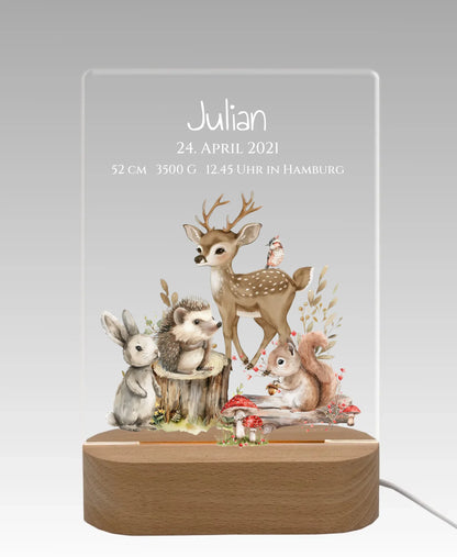 Personalisiertes LED Nachtlicht Waldtiere für Babys zur Gebut & Taufe - Kinderzimmer Deko