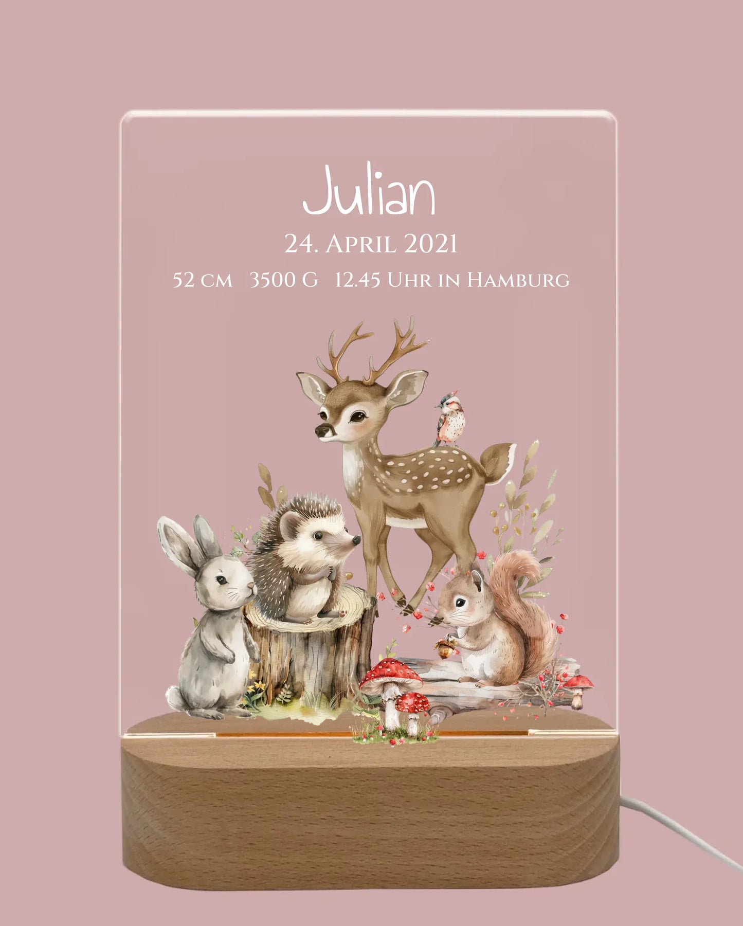 Personalisiertes LED Nachtlicht Waldtiere für Babys zur Gebut & Taufe - Kinderzimmer Deko