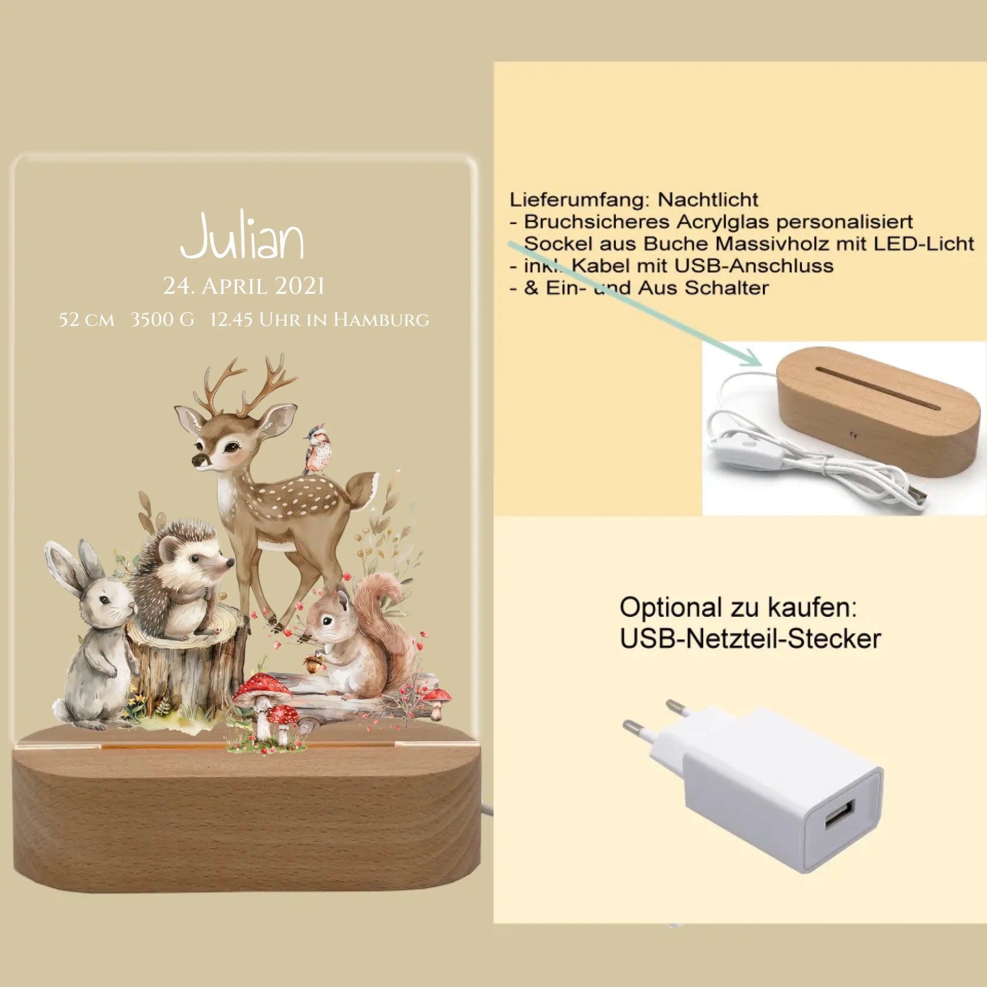 Personalisiertes LED Nachtlicht Waldtiere für Babys zur Gebut & Taufe - Kinderzimmer Deko