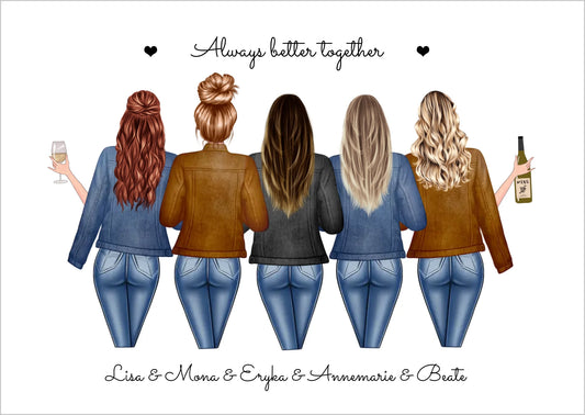 5 beste Freundinnen Poster personalisiert | Bild Geschenk für Freundin mit Spruch