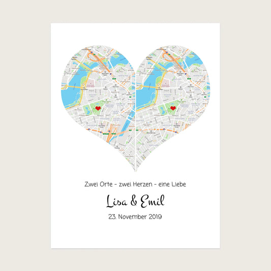 Personalisiertes Hochzeitsgeschenk 2 Herzen Koordinatenposter, Geschenk Hochzeitstag, Valetinstag Stadtkarte - Digitale Datei Digitale Datei zum Selberdrucken - kein Poster !!! Digitale Datei zum Selberdrucken - kein Poster 30x40 45x60 60x80 cm