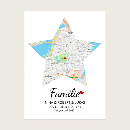 "Familie" Poster - Stern Stadtkarte & Koordinatenposter - Geschenkidee Digitale Datei zum Selberdrucken - kein Poster !!! Digitale Datei zum Selberdrucken - kein Poster 30x40 45x60 60x80 cm