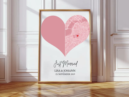 "Just Married" - Personalisiertes Fotoposter mit Stadtkarte & Koordinaten, Geschenk Hochzeit, Valentin - Digitale Datei
