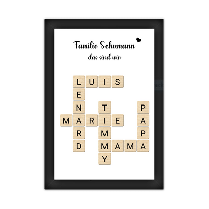 Weihnachtsgeschenk Familie - Personalisiertes Scrabble Bild Geschenk, Familienbild mit Familiennamen, Geburtstagsgeschenk Gerahmtes Poster schwarz Holzflair Schwarz