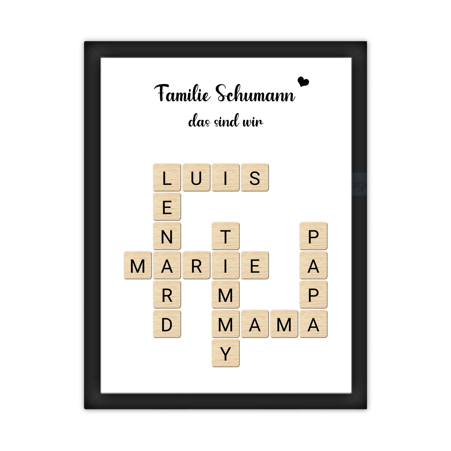 Weihnachtsgeschenk Familie - Personalisiertes Scrabble Bild Geschenk, Familienbild mit Familiennamen, Geburtstagsgeschenk Gerahmtes Poster schwarz Holzflair Schwarz