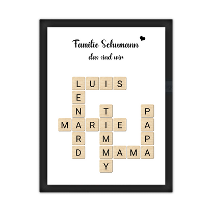 Weihnachtsgeschenk Familie - Personalisiertes Scrabble Bild Geschenk, Familienbild mit Familiennamen, Geburtstagsgeschenk Gerahmtes Poster schwarz Holzflair Schwarz