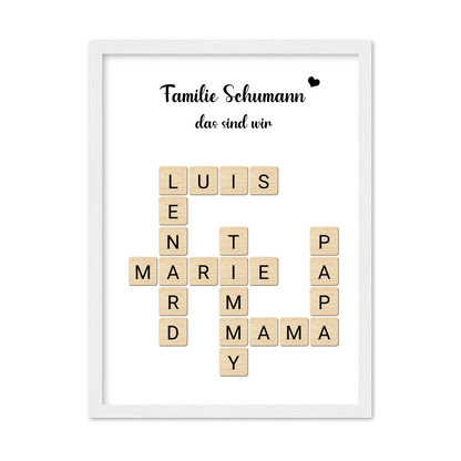 Weihnachtsgeschenk Familie - Personalisiertes Scrabble Bild Geschenk, Familienbild mit Familiennamen, Geburtstagsgeschenk Gerahmtes Poster weiß Holzflair Weiß