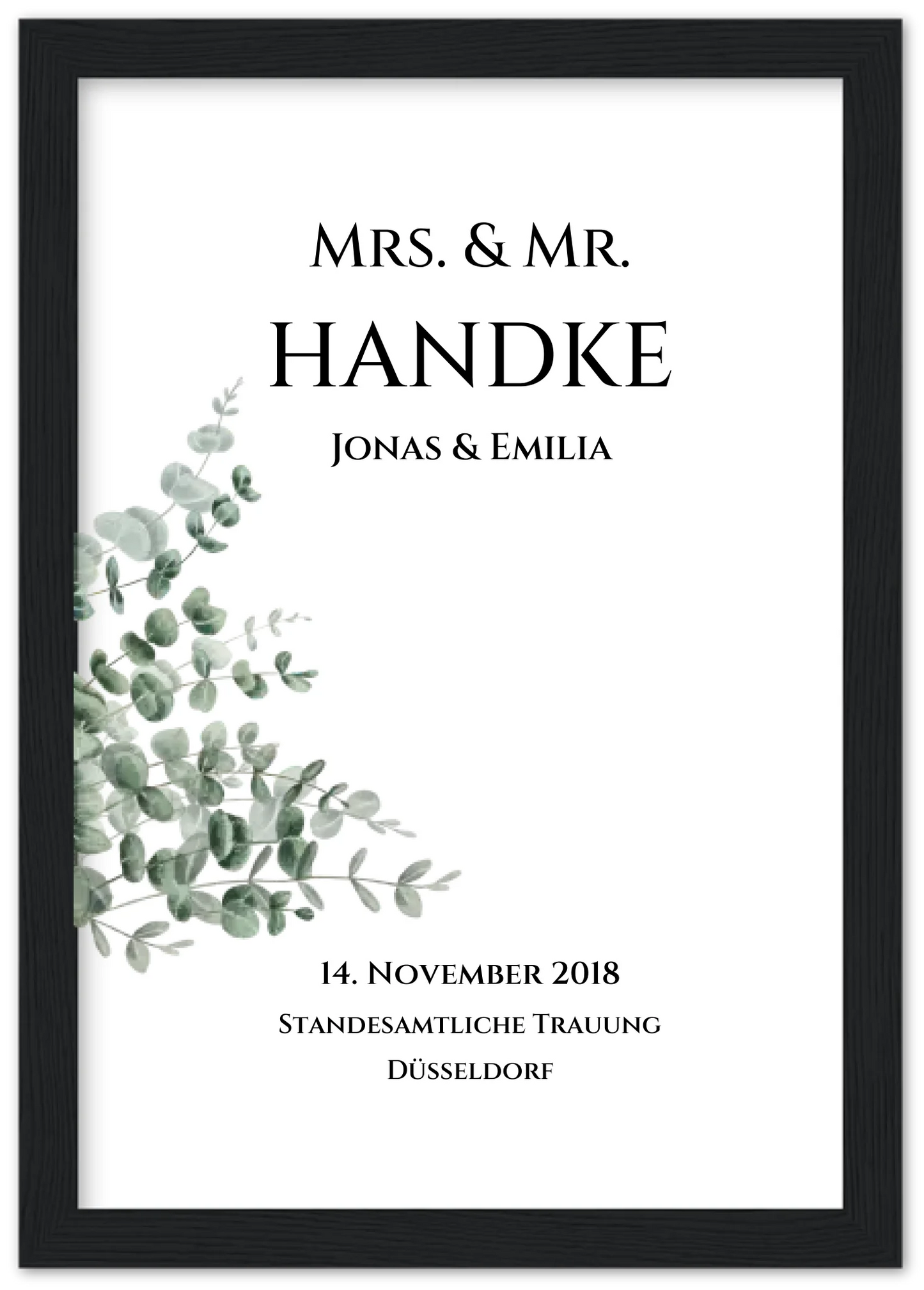 Personalisiertes Hochzeitsposter "Just Married" | "Mr. & Mrs." Hochzeitsgeschenk mit Namen und Datum Premium Matte Paper Wooden Framed Poster - Black - Vertical Gerahmtes Poster A4 21x29.7 cm