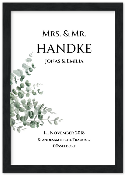 Personalisiertes Hochzeitsposter "Just Married" | "Mr. & Mrs." Hochzeitsgeschenk mit Namen und Datum Premium Matte Paper Wooden Framed Poster - Black - Vertical Gerahmtes Poster A4 21x29.7 cm