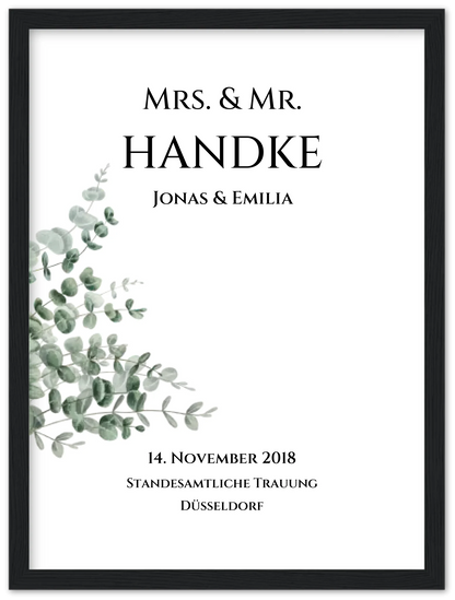 Personalisiertes Hochzeitsposter "Just Married" | "Mr. & Mrs." Hochzeitsgeschenk mit Namen und Datum Premium Matte Paper Wooden Framed Poster - Black - Vertical Gerahmtes Poster