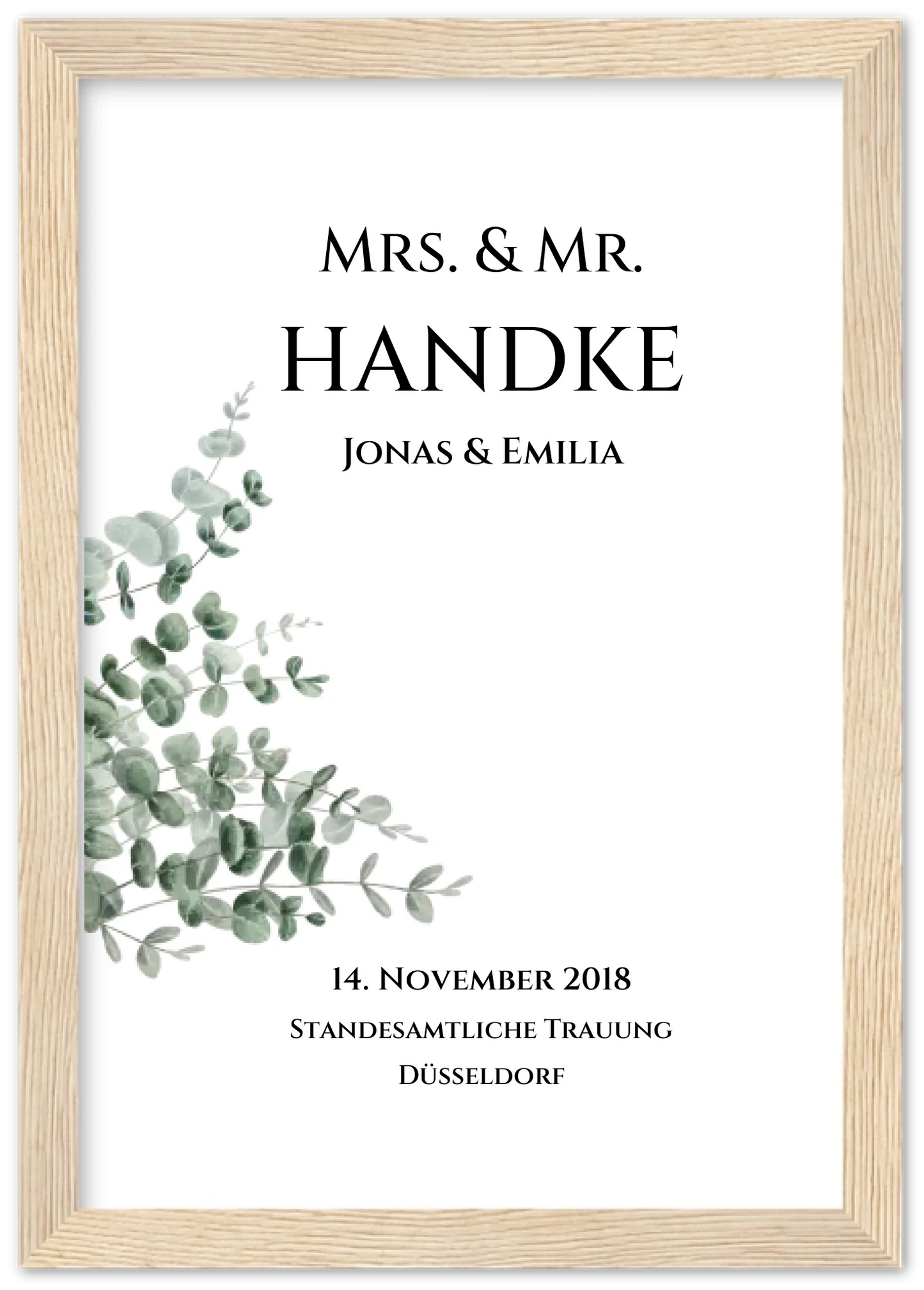 Personalisiertes Hochzeitsposter "Just Married" | "Mr. & Mrs." Hochzeitsgeschenk mit Namen und Datum Premium Matte Paper Wooden Framed Poster - Wood - Vertical Gerahmtes Poster A4 21x29.7 cm