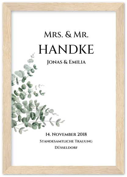 Personalisiertes Hochzeitsposter "Just Married" | "Mr. & Mrs." Hochzeitsgeschenk mit Namen und Datum Premium Matte Paper Wooden Framed Poster - Wood - Vertical Gerahmtes Poster A4 21x29.7 cm