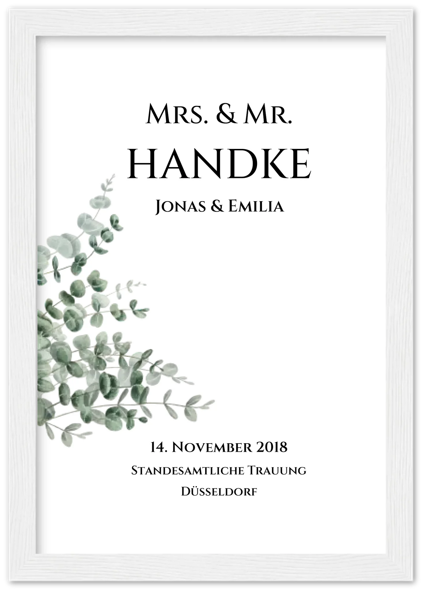 Personalisiertes Hochzeitsposter "Just Married" | "Mr. & Mrs." Hochzeitsgeschenk mit Namen und Datum Premium Matte Paper Wooden Framed Poster - White - Vertical Gerahmtes Poster A4 21x29.7 cm