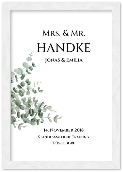 Personalisiertes Hochzeitsposter "Just Married" | "Mr. & Mrs." Hochzeitsgeschenk mit Namen und Datum Premium Matte Paper Wooden Framed Poster - White - Vertical Gerahmtes Poster A4 21x29.7 cm