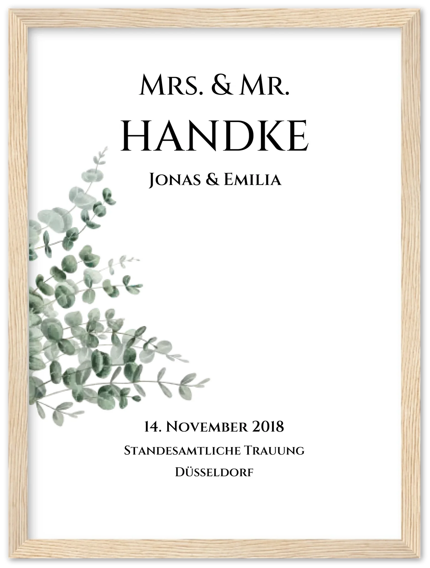 Personalisiertes Hochzeitsposter "Just Married" | "Mr. & Mrs." Hochzeitsgeschenk mit Namen und Datum Premium Matte Paper Wooden Framed Poster - Wood - Vertical Gerahmtes Poster