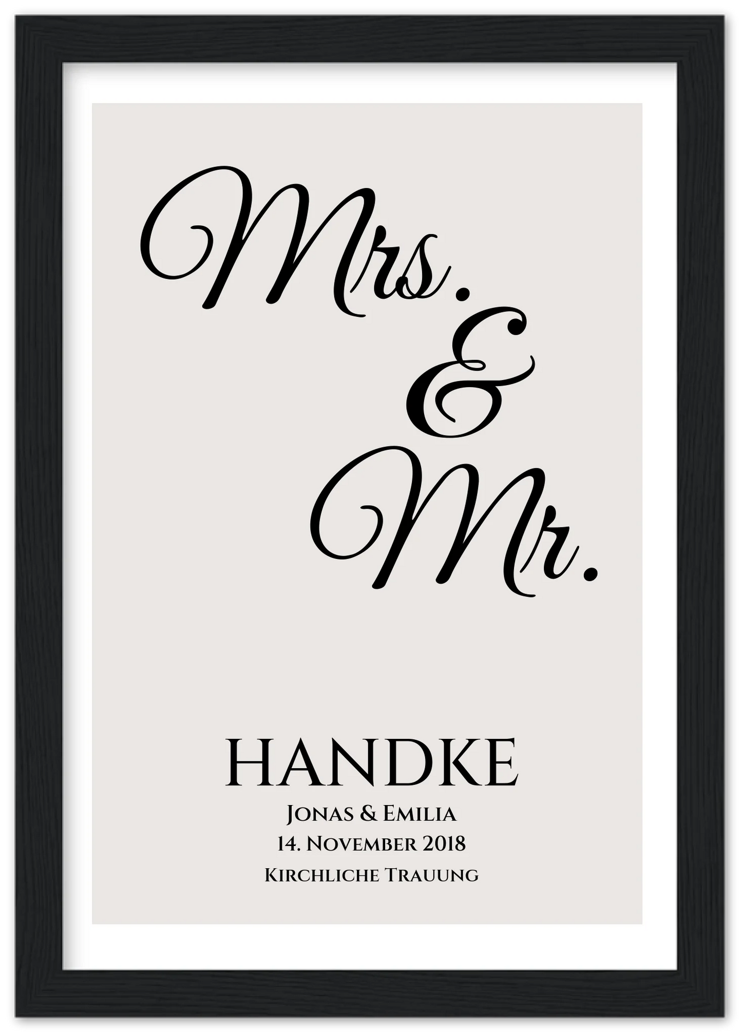 "Mr. & Mrs." Personalisiertes Hochzeitsposter | Hochzeitsgeschenk Bild mit Namen und Datum Premium Matte Paper Wooden Framed Poster - Black - Vertical Gerahmtes Poster A4 21x29.7 cm