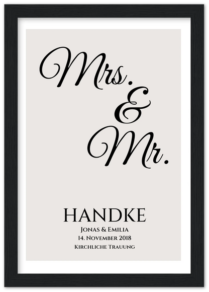 "Mr. & Mrs." Personalisiertes Hochzeitsposter | Hochzeitsgeschenk Bild mit Namen und Datum Premium Matte Paper Wooden Framed Poster - Black - Vertical Gerahmtes Poster A4 21x29.7 cm