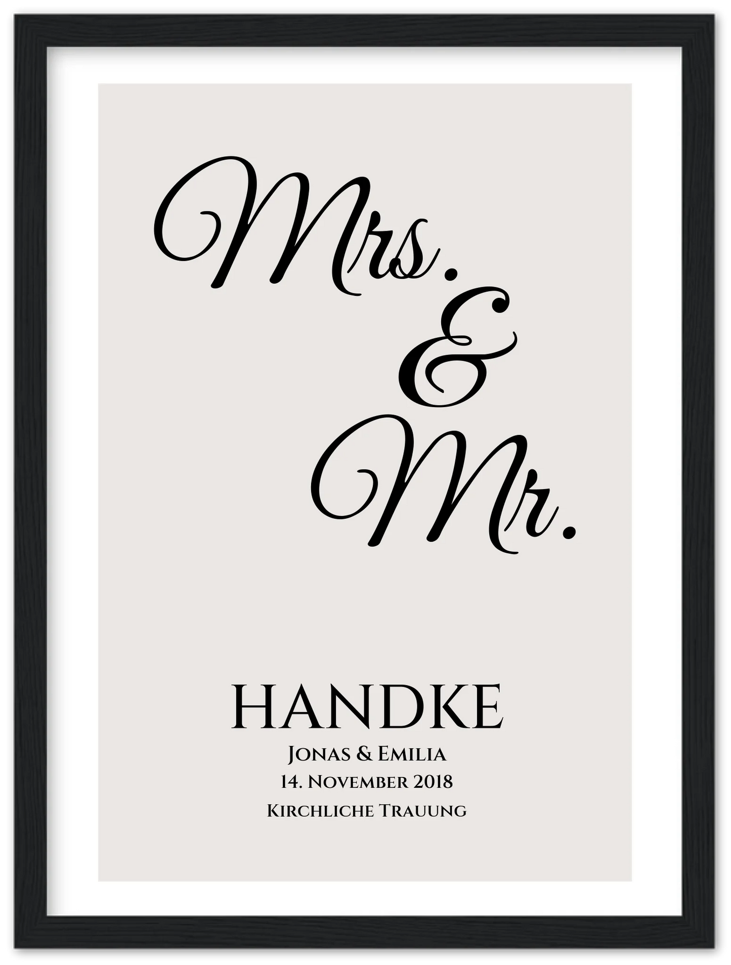 "Mr. & Mrs." Personalisiertes Hochzeitsposter | Hochzeitsgeschenk Bild mit Namen und Datum Premium Matte Paper Wooden Framed Poster - Black - Vertical Gerahmtes Poster