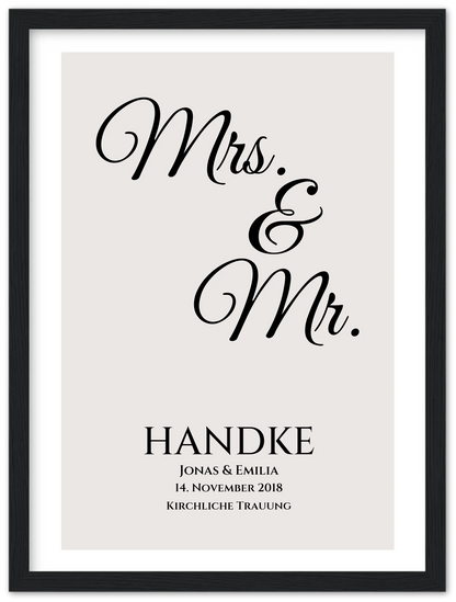 "Mr. & Mrs." Personalisiertes Hochzeitsposter | Hochzeitsgeschenk Bild mit Namen und Datum Premium Matte Paper Wooden Framed Poster - Black - Vertical Gerahmtes Poster