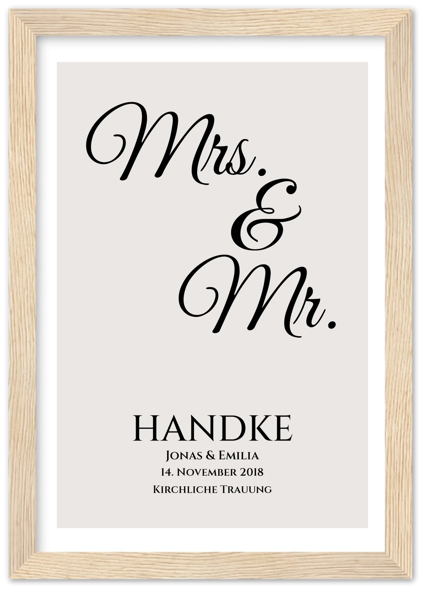 "Mr. & Mrs." Personalisiertes Hochzeitsposter | Hochzeitsgeschenk Bild mit Namen und Datum Premium Matte Paper Wooden Framed Poster - Wood - Vertical Gerahmtes Poster A4 21x29.7 cm