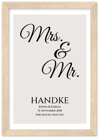 "Mr. & Mrs." Personalisiertes Hochzeitsposter | Hochzeitsgeschenk Bild mit Namen und Datum Premium Matte Paper Wooden Framed Poster - Wood - Vertical Gerahmtes Poster A4 21x29.7 cm