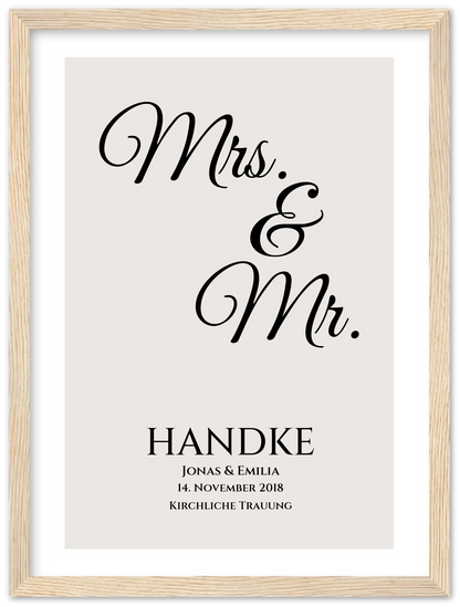 "Mr. & Mrs." Personalisiertes Hochzeitsposter | Hochzeitsgeschenk Bild mit Namen und Datum Premium Matte Paper Wooden Framed Poster - Wood - Vertical Gerahmtes Poster