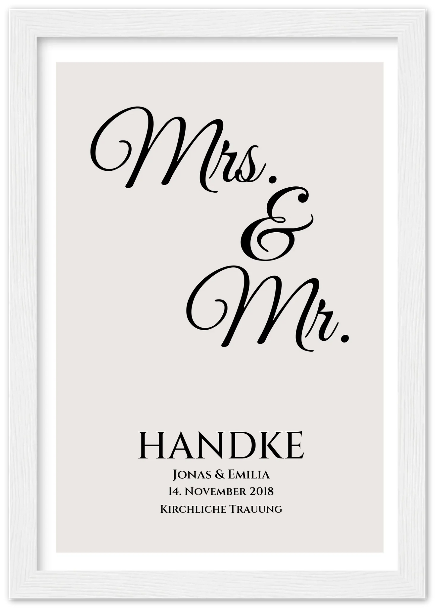 "Mr. & Mrs." Personalisiertes Hochzeitsposter | Hochzeitsgeschenk Bild mit Namen und Datum Premium Matte Paper Wooden Framed Poster - White - Vertical Gerahmtes Poster A4 21x29.7 cm