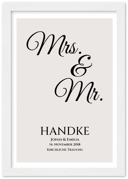 "Mr. & Mrs." Personalisiertes Hochzeitsposter | Hochzeitsgeschenk Bild mit Namen und Datum Premium Matte Paper Wooden Framed Poster - White - Vertical Gerahmtes Poster A4 21x29.7 cm