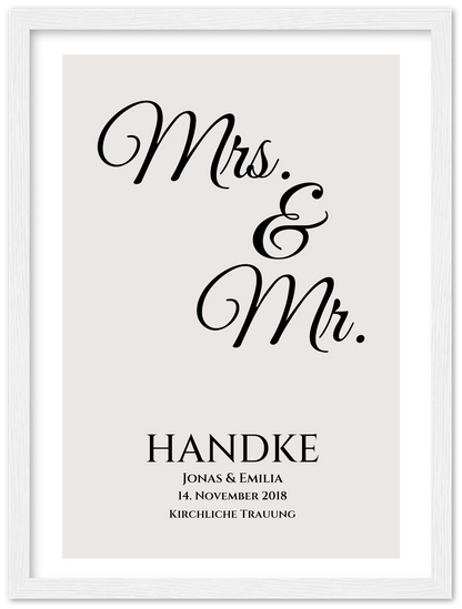 "Mr. & Mrs." Personalisiertes Hochzeitsposter | Hochzeitsgeschenk Bild mit Namen und Datum Premium Matte Paper Wooden Framed Poster - White - Vertical Gerahmtes Poster