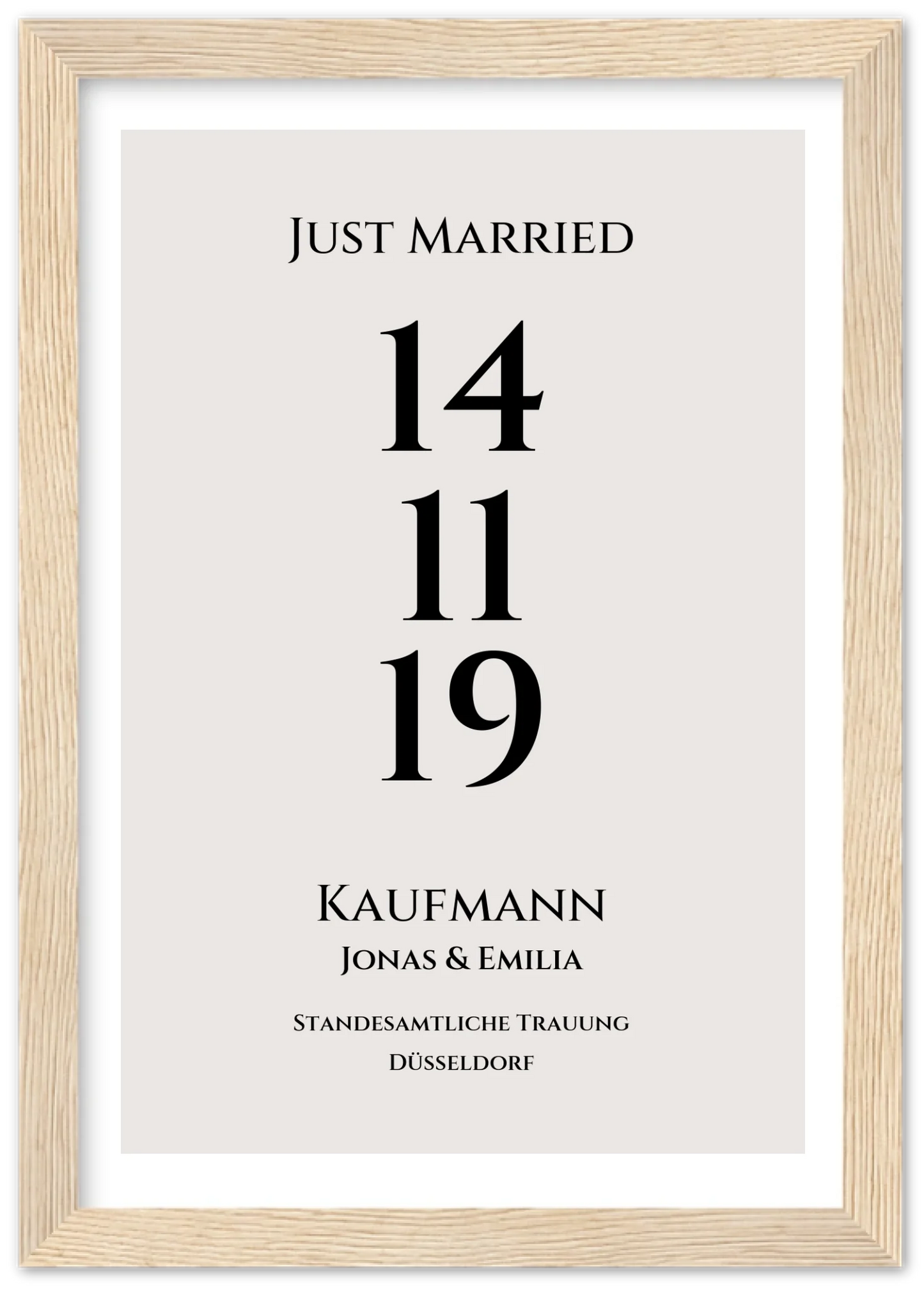 Personalisiertes Hochzeitsposter "Just Married" | "Hochzeit Datum" Hochzeitsgeschenk mit Namen und Datum Premium Matte Paper Wooden Framed Poster - Wood - Vertical Gerahmtes Poster A4 21x29.7 cm