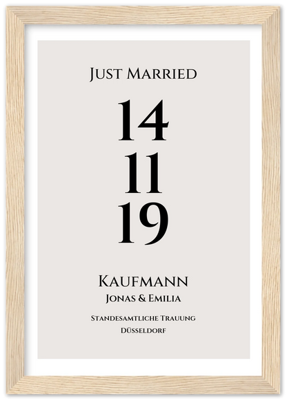 Personalisiertes Hochzeitsposter "Just Married" | "Hochzeit Datum" Hochzeitsgeschenk mit Namen und Datum Premium Matte Paper Wooden Framed Poster - Wood - Vertical Gerahmtes Poster A4 21x29.7 cm