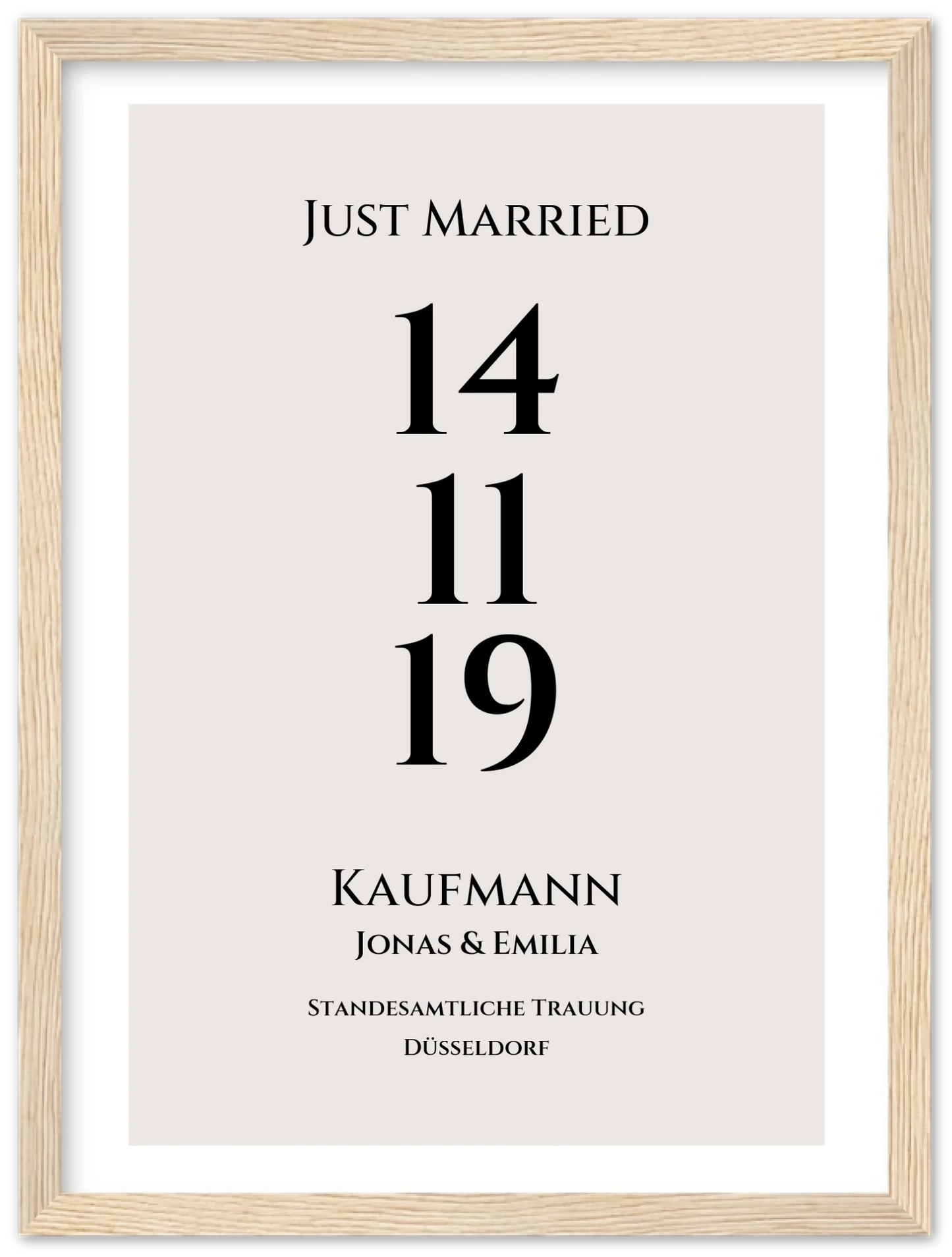 Personalisiertes Hochzeitsposter "Just Married" | "Hochzeit Datum" Hochzeitsgeschenk mit Namen und Datum Premium Matte Paper Wooden Framed Poster - Wood - Vertical Gerahmtes Poster