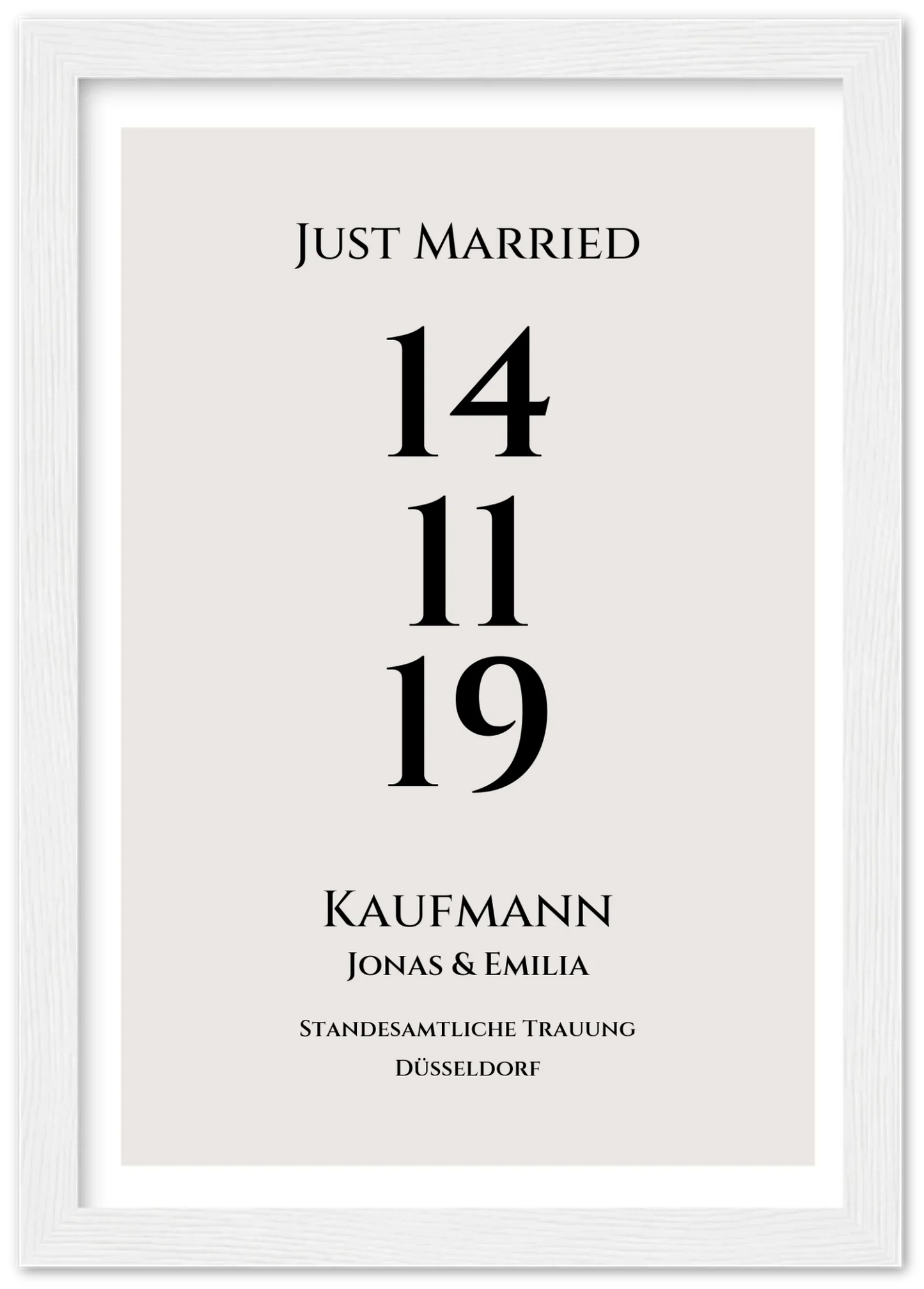 Personalisiertes Hochzeitsposter "Just Married" | "Hochzeit Datum" Hochzeitsgeschenk mit Namen und Datum Premium Matte Paper Wooden Framed Poster - White - Vertical Gerahmtes Poster A4 21x29.7 cm