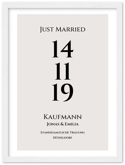 Personalisiertes Hochzeitsposter "Just Married" | "Hochzeit Datum" Hochzeitsgeschenk mit Namen und Datum Premium Matte Paper Wooden Framed Poster - White - Vertical Gerahmtes Poster