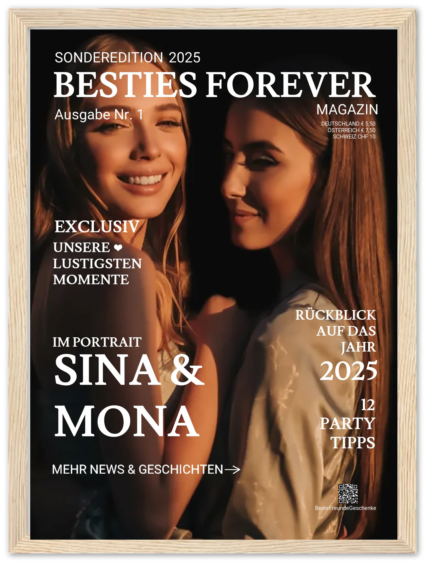 Beste Freundin Geschenk "BESTIES" - Personalisiertes Magazine Cover Premium Matte Paper Wooden Framed Poster - Wood - Vertical Gerahmtes Poster 30x40 cm