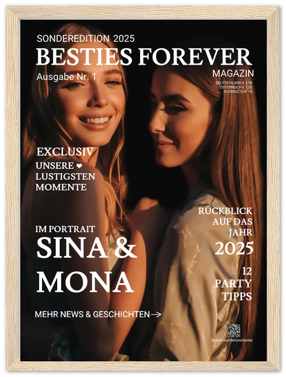 Beste Freundin Geschenk "BESTIES" - Personalisiertes Magazine Cover Premium Matte Paper Wooden Framed Poster - Wood - Vertical Gerahmtes Poster 30x40 cm