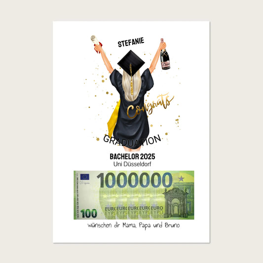 Geldgeschenk Wunscherfüller - Personalisiertes Abschlußgeschenk zum Abi, Bachelor, Master, Doktor - 1. Million - Frau Poster Poster