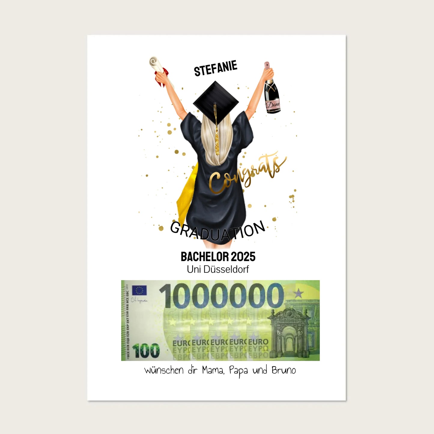 Geldgeschenk Wunscherfüller - Personalisiertes Abschlußgeschenk zum Abi, Bachelor, Master, Doktor - 1. Million - Frau Digitale Datei zum Selberdrucken !!! Digitale Datei zum Selberdrucken - kein Poster Ausdruckbare Formate: A4 A3 A2